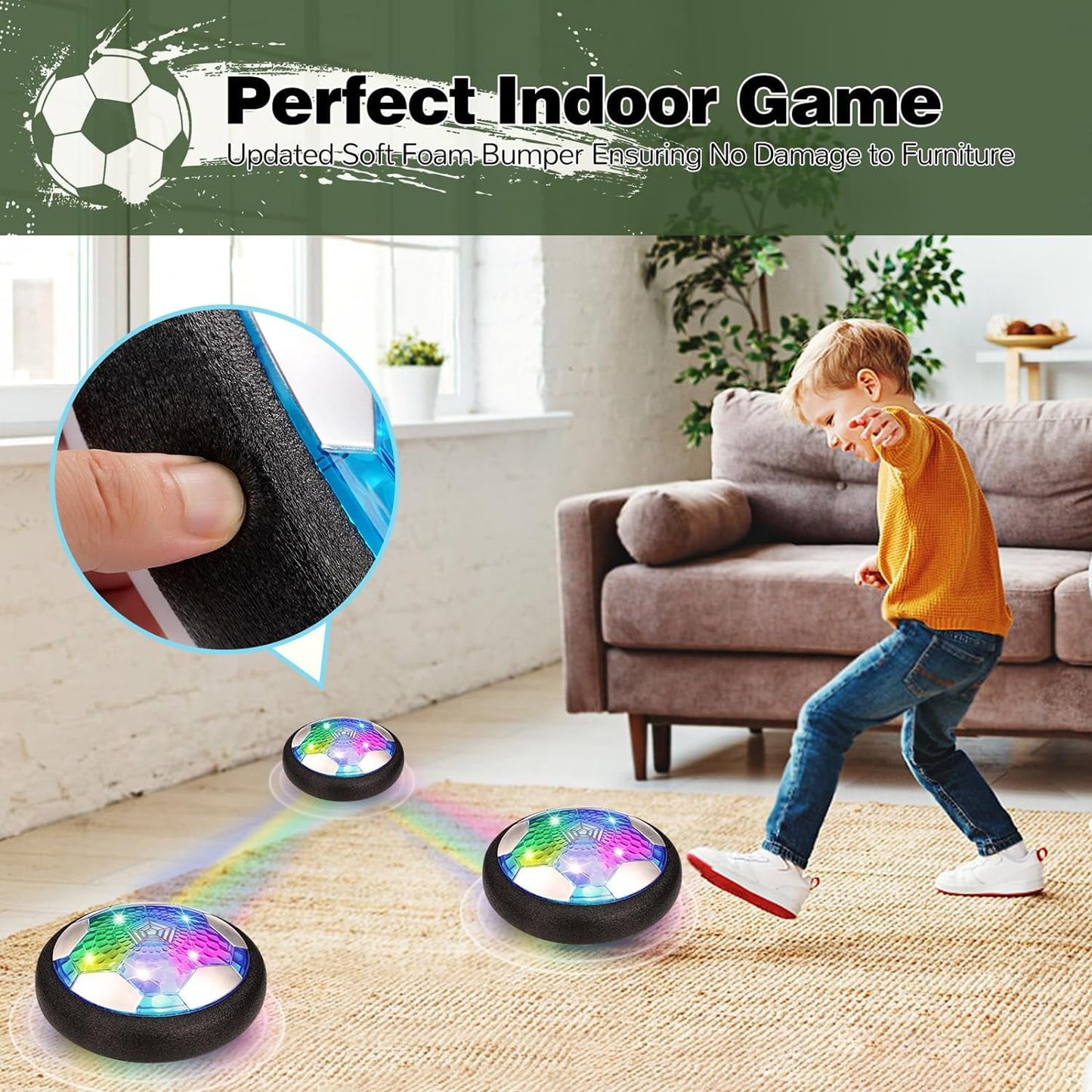 BEEPRINCESS Hover Soccer Ball Boy Toys Rechargeable, Kids Indoor Air Soccer Ball Floating LED Light Up, Power Kick Disc Fun with Foam Bumper (No AA Battery Needed) Gift For Boys Girls Age 3 4 5 6 7 8