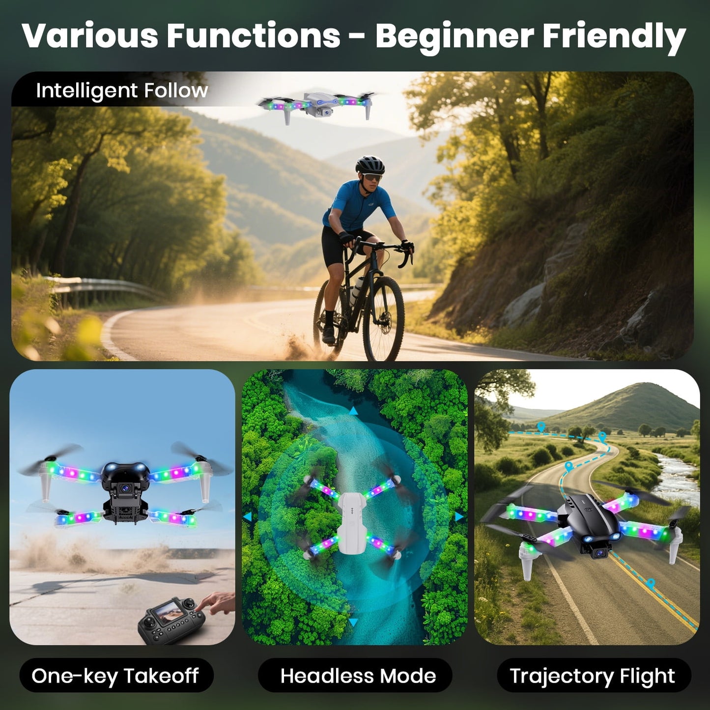BEEPRINCESS Drone with Screen Remote Control and Cool Lights, RC Quadcopter with 4K HD Dual Camera for Beginner Adults Kids, Black