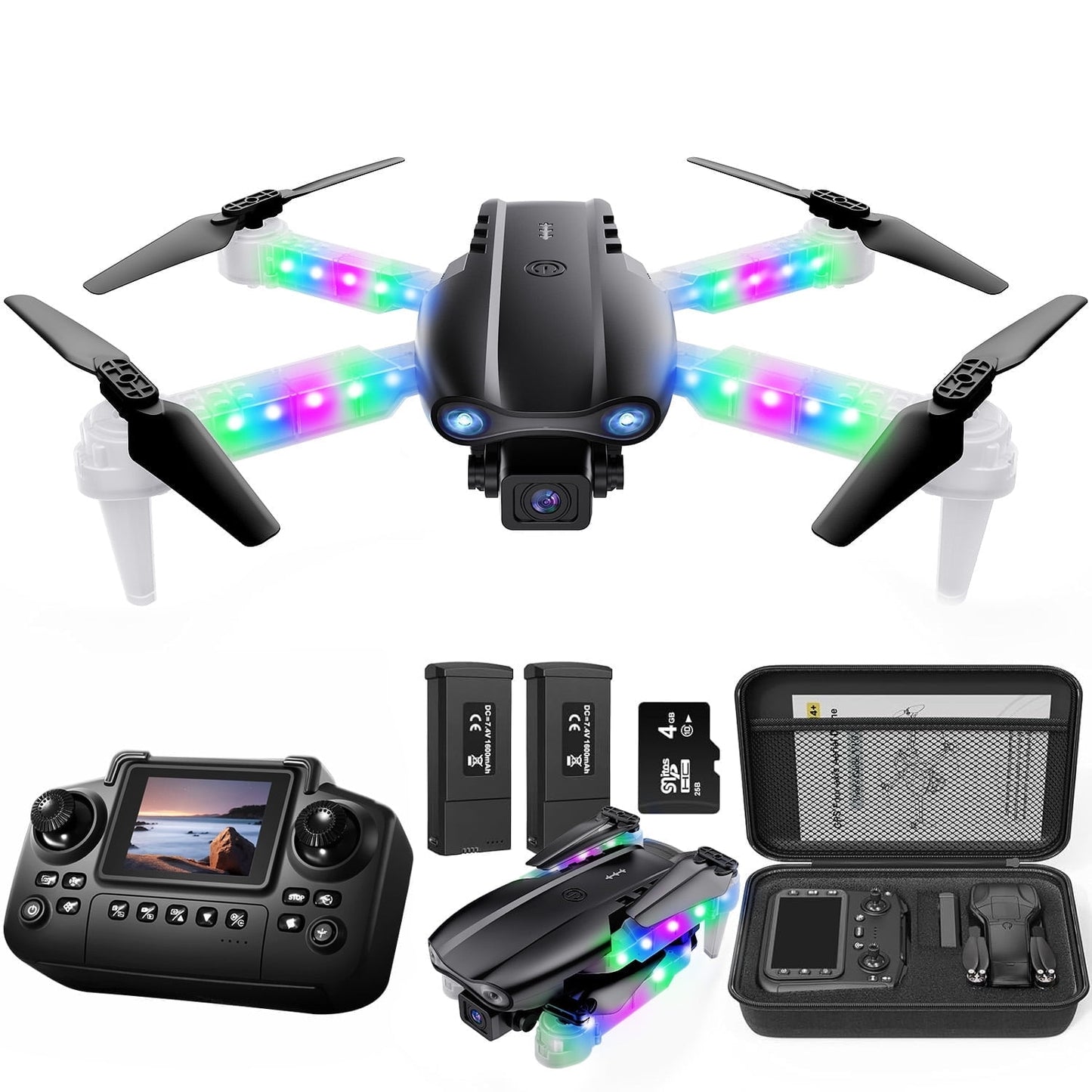 BEEPRINCESS Drone with Screen Remote Control and Cool Lights, RC Quadcopter with 4K HD Dual Camera for Beginner Adults Kids, Black