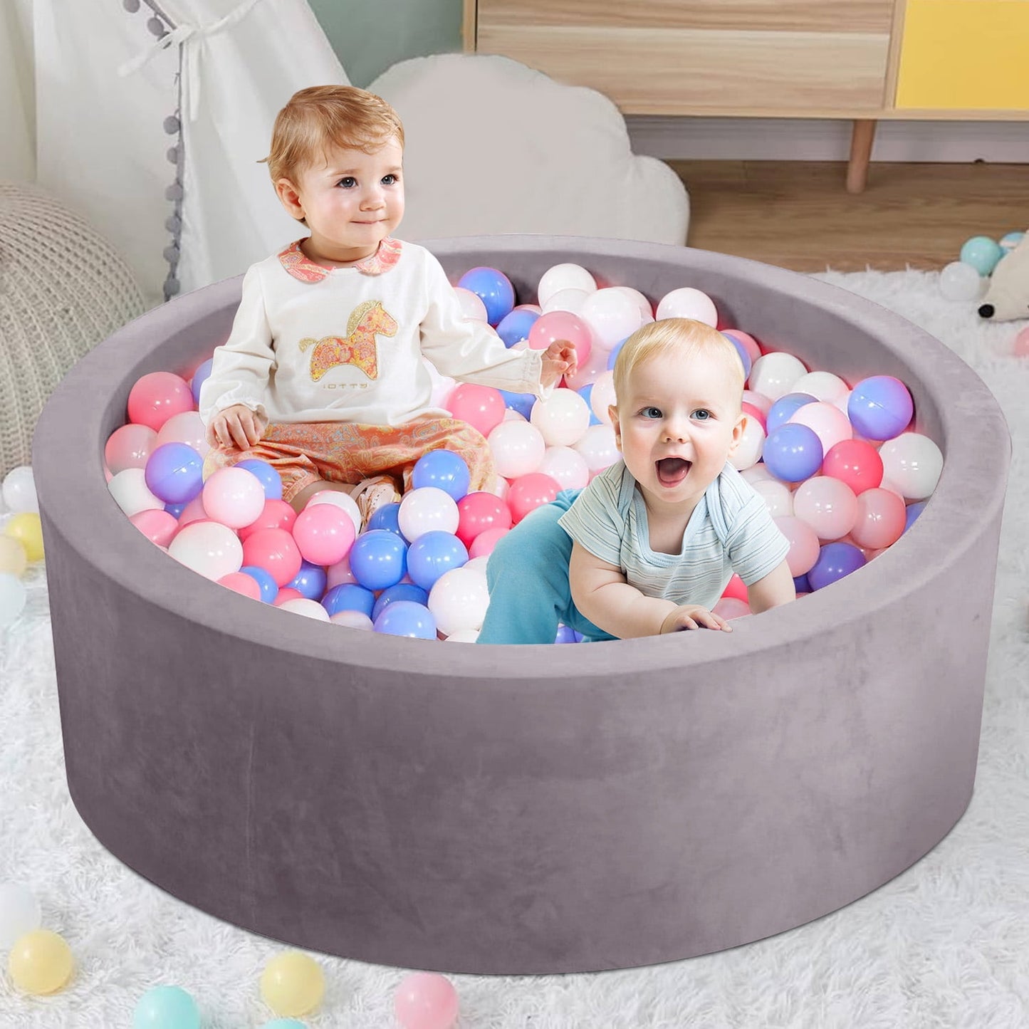 BEEPRINCESS Foam Ball Pit - Soft Play for Baby Infants and Toddlers Ages 1-3, Round Shape, No Balls Included, Gray