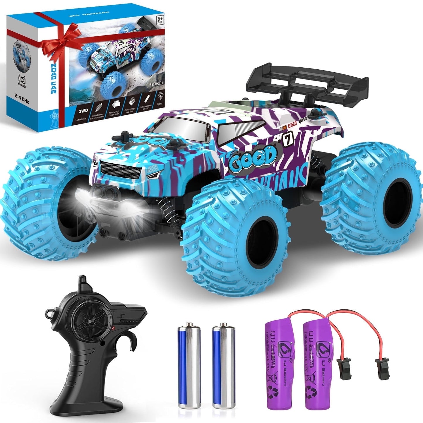 BEEPRINCESS Remote Control Car, 1:18 Scale All Terrain RC Cars, 2WD 20Km/h with Colorful LED Light and 2 Rechargeable Batteries, RC Monster Truck Off-road Racing Car Toys for Kids and Boys, Blue