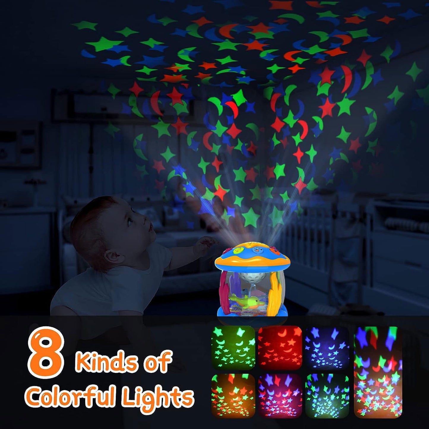 BEEPRINCESS Musical Learning Toys for 6-12 Months, 4-in-1 Ocean Rotating Star Light Projector, Sensory Crawling Toys for Infants, Babies, and Toddlers