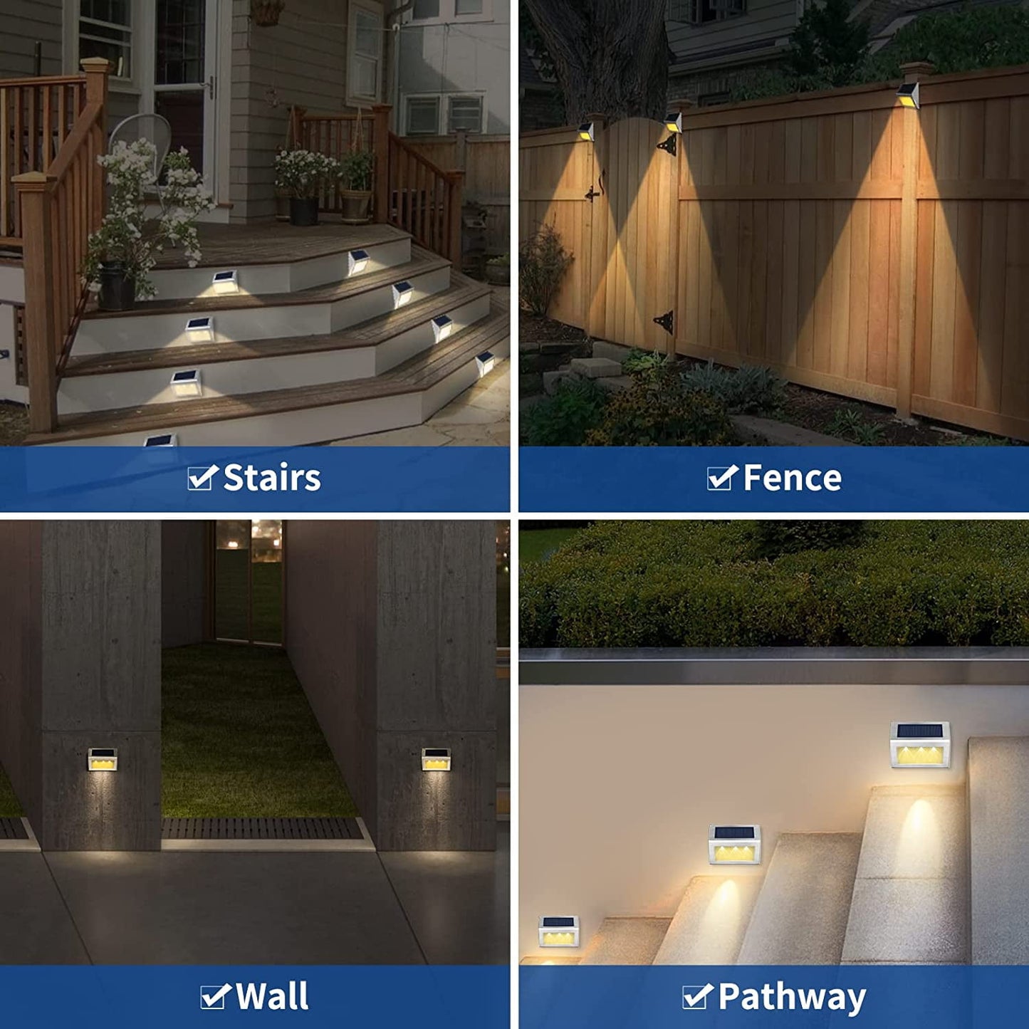 BEEPRINCESS Solar Fence Lights, Solar Outdoor Lights Stainless Steel Solar Deck Light Waterproof LED Solar Step Lighting for Garden Yard Patio Deck, Warm White, 6 Pack