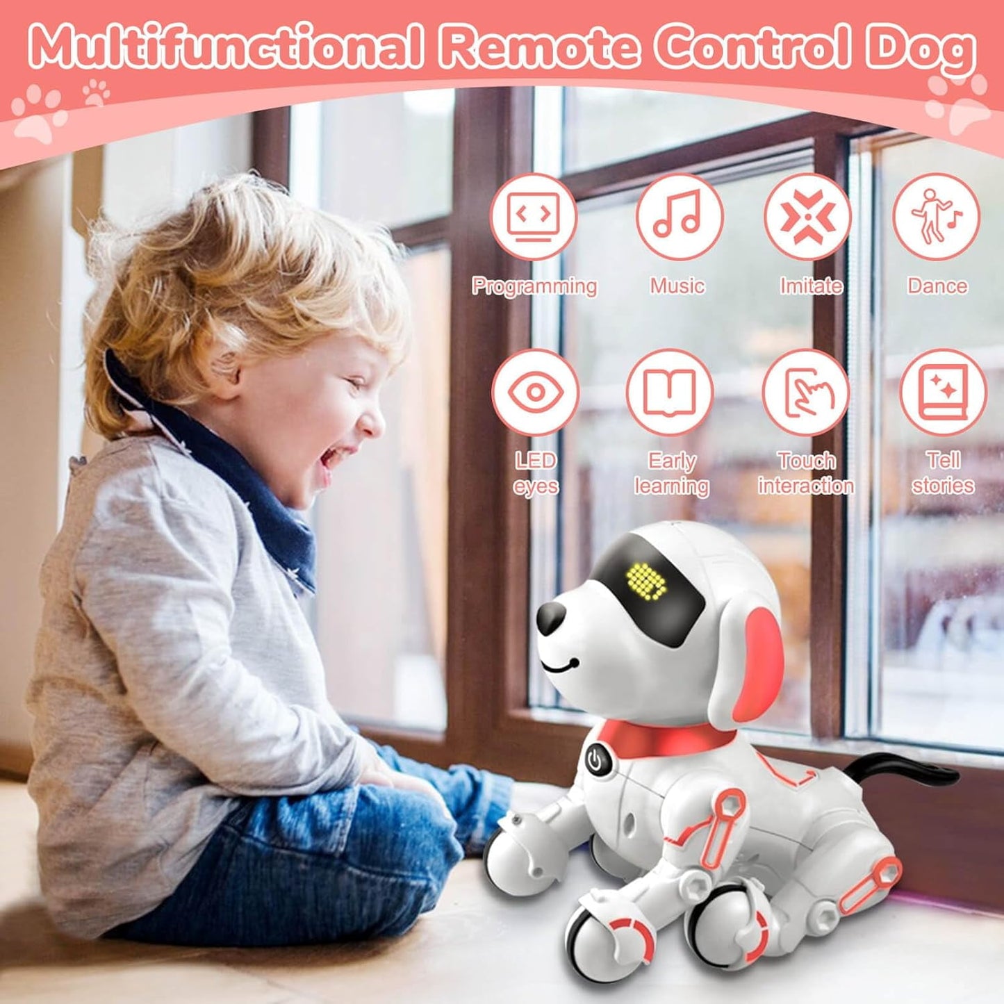 BEEPRINCESS Robot Dog, Smart Programmable RC Electronic Pet Puppy with Early Education Function, White/Pink