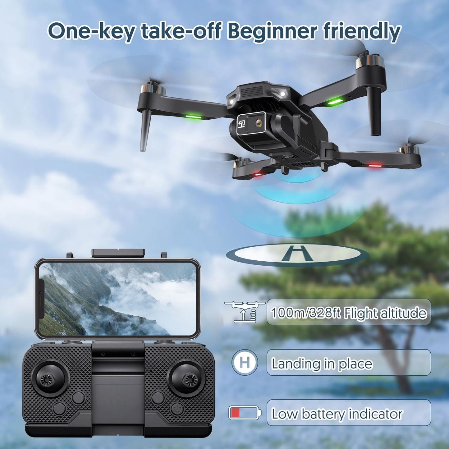 BEEPRINCESS H16 Drone with Camera for Adults 4K, Foldable Drone for Beginners with Brushless Motor, Optical Flow Positioning, with 2 Batteries and Carrying Case
