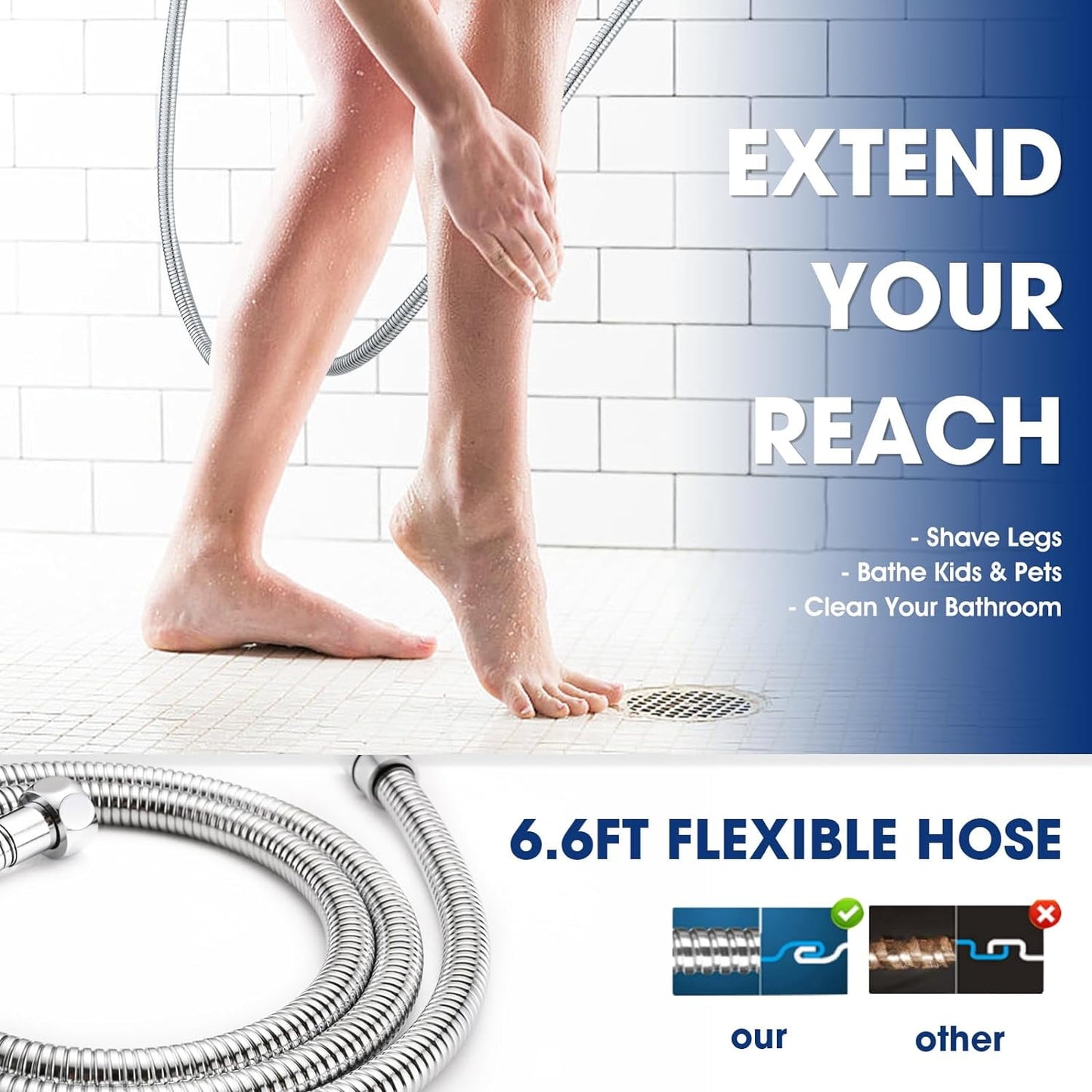 Shower Head, BeePrincess Handheld Shower Head, 7-Setting Waterfall Showerhead with Hose, Bracket, Chrome