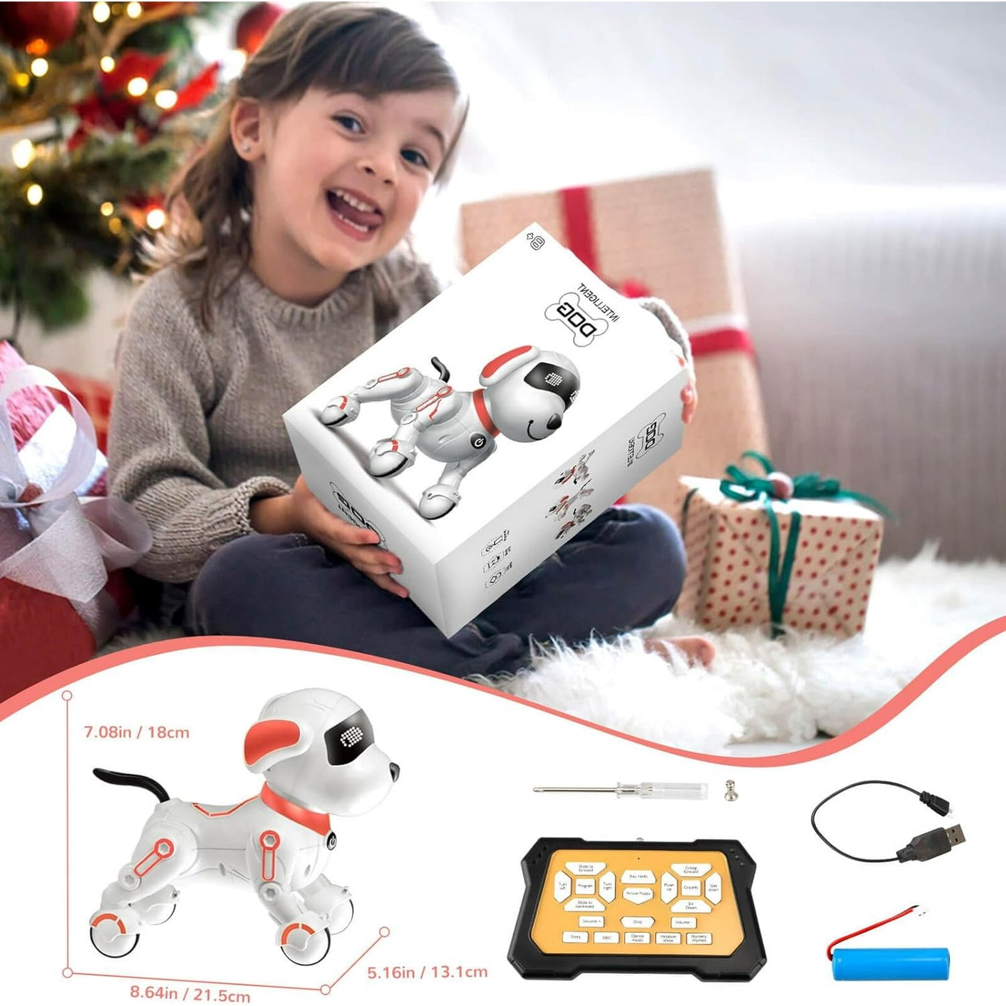 BEEPRINCESS Robot Dog, Smart Programmable RC Electronic Pet Puppy with Early Education Function, White/Pink