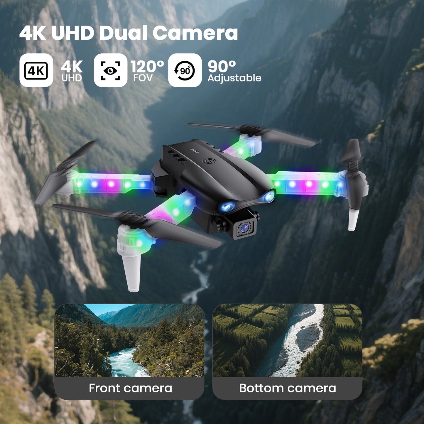 BEEPRINCESS Drone with Screen Remote Control and Cool Lights, RC Quadcopter with 4K HD Dual Camera for Beginner Adults Kids, Black