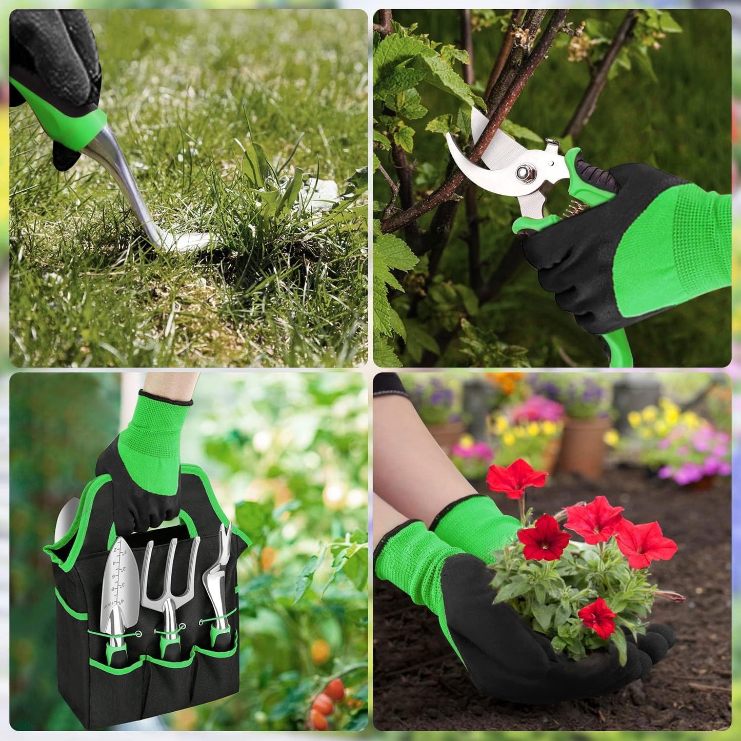 BEEPRINCESS Garden Tools Set, 8-Piece Heavy Duty Aluminum Garden Kit Gardening Gifts for Women and Men, Garden Hand Tools with Non-Slip Ergonomic Rubber Handle, Durable Storage Tote Bag, Green