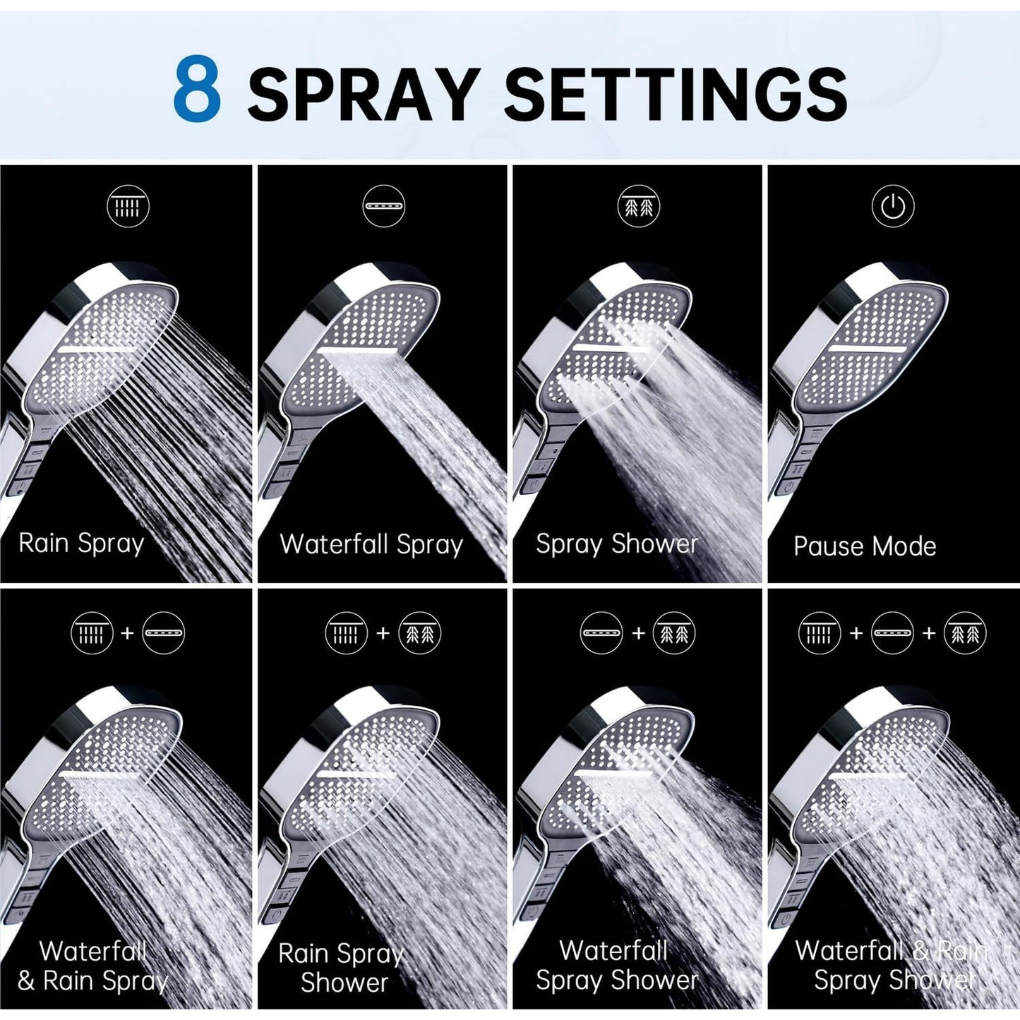 Shower Head, BeePrincess Handheld Shower Head, 7-Setting Waterfall Showerhead with Hose, Bracket, Chrome