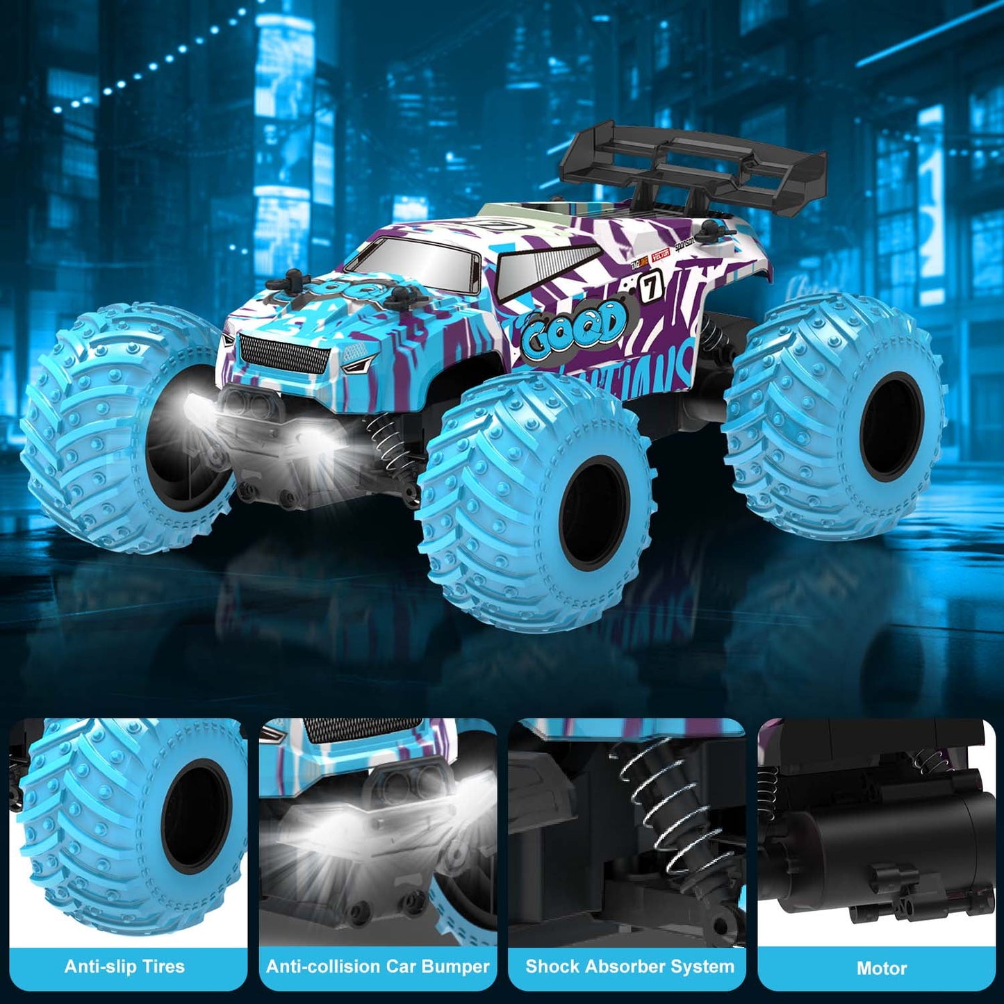 BEEPRINCESS Remote Control Car, 1:18 Scale All Terrain RC Cars, 2WD 20Km/h with Colorful LED Light and 2 Rechargeable Batteries, RC Monster Truck Off-road Racing Car Toys for Kids and Boys, Blue
