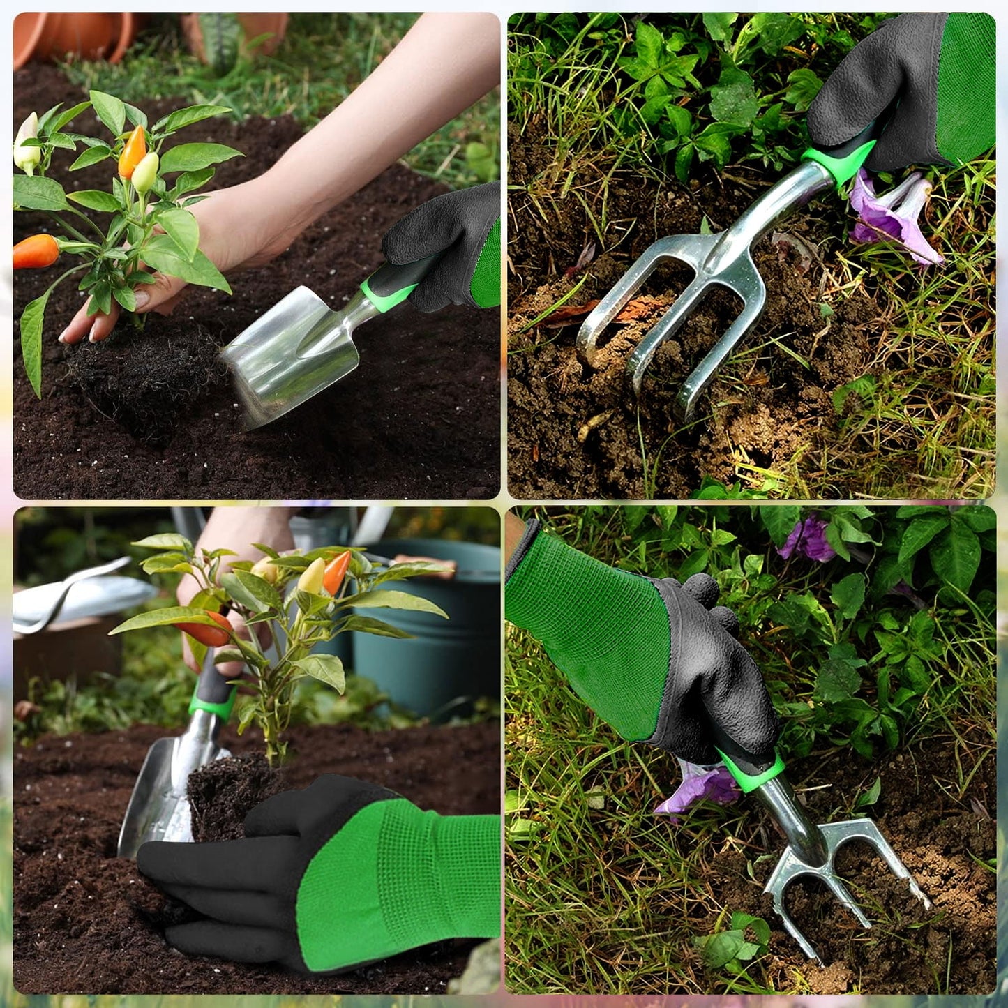 BEEPRINCESS Garden Tools Set, 8-Piece Heavy Duty Aluminum Garden Kit Gardening Gifts for Women and Men, Garden Hand Tools with Non-Slip Ergonomic Rubber Handle, Durable Storage Tote Bag, Green