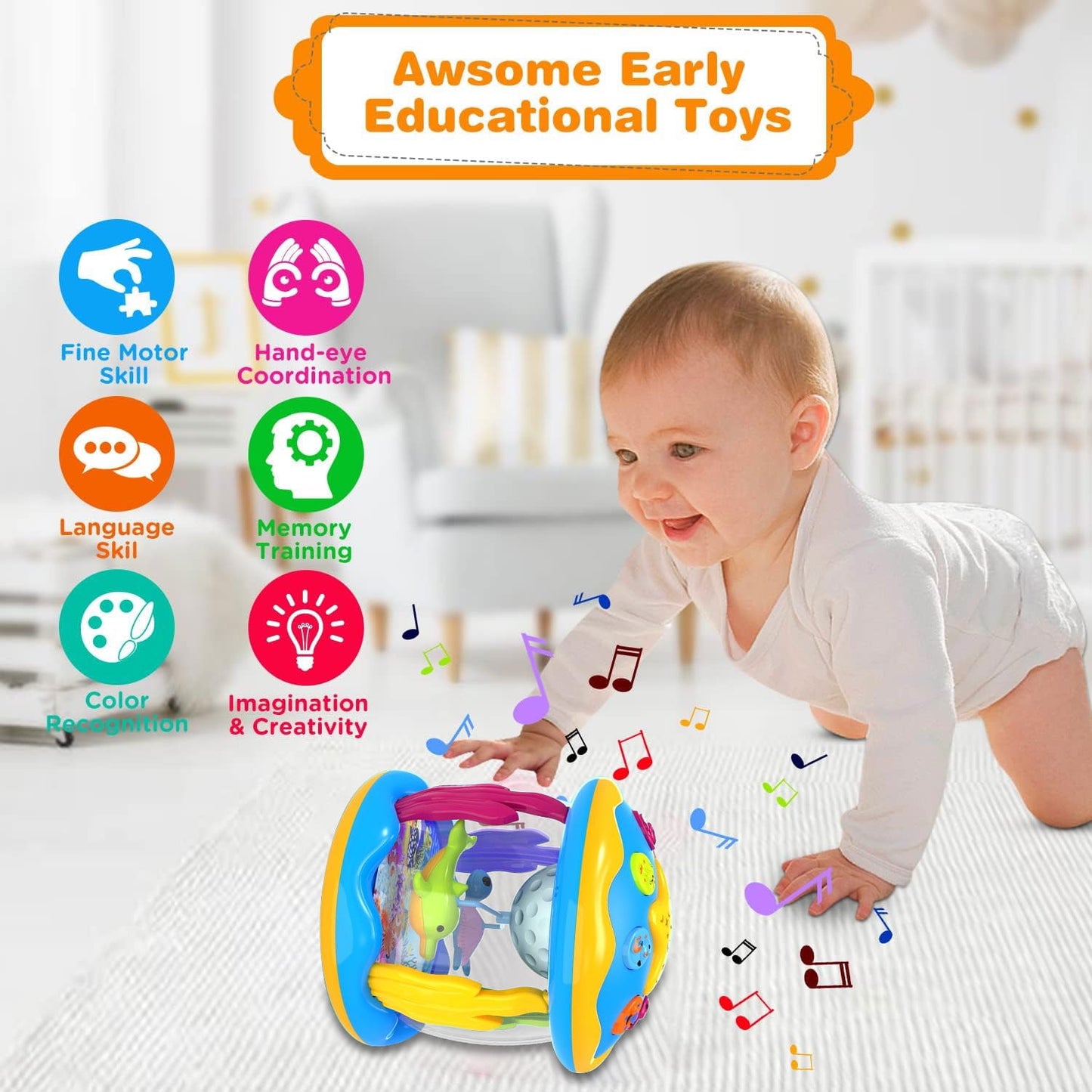BEEPRINCESS Musical Learning Toys for 6-12 Months, 4-in-1 Ocean Rotating Star Light Projector, Sensory Crawling Toys for Infants, Babies, and Toddlers