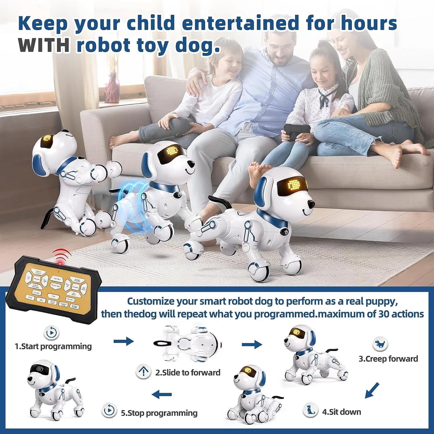 BEEPRINCESS Robot Dog, Smart Programmable RC Electronic Pet Puppy with Early Education Function, White/Blue