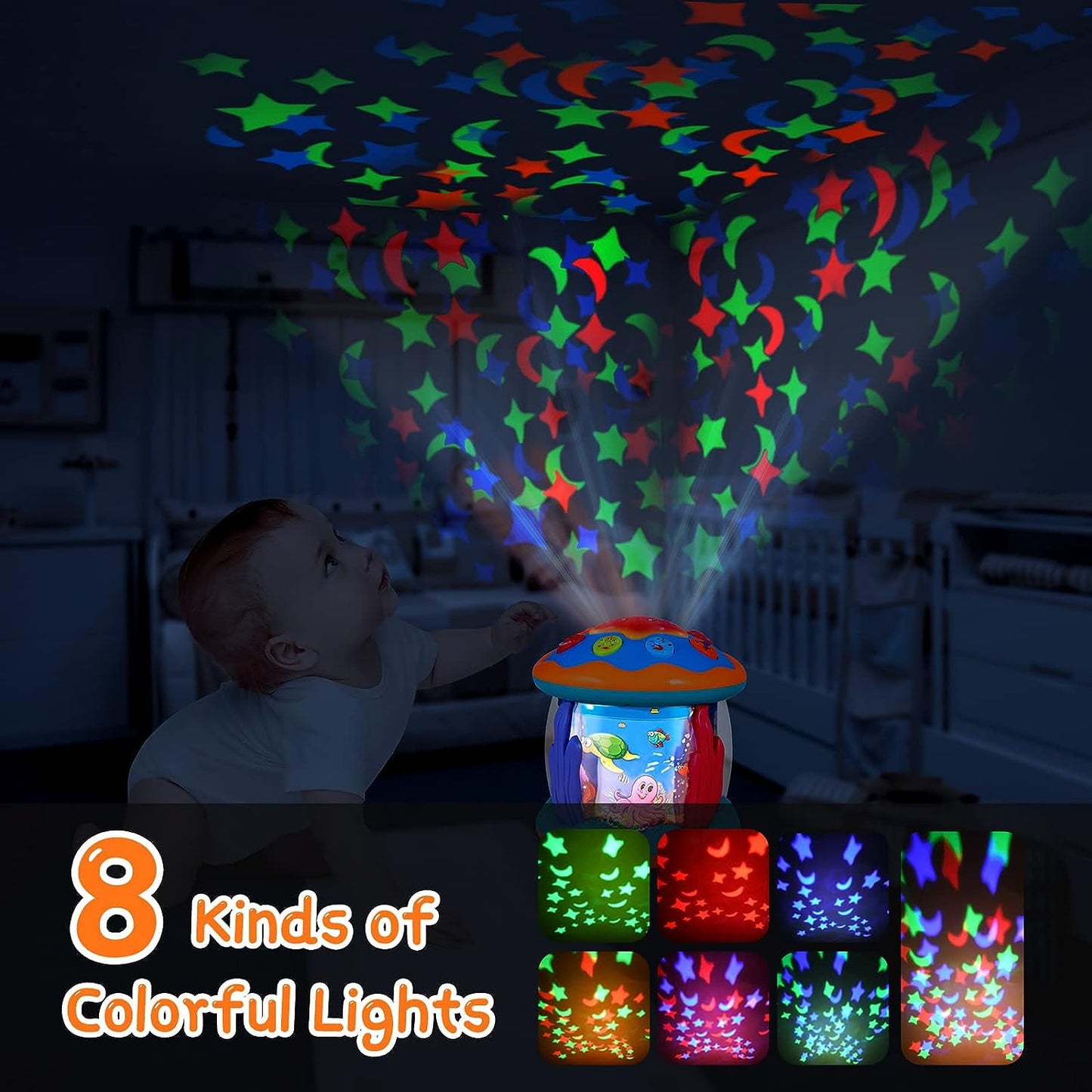 BEEPRINCESS Musical Learning Toys for 6-12 Months, 4-in-1 Ocean Rotating Star Light Projector, Sensory Crawling Toys for Infants, Babies, and Toddlers