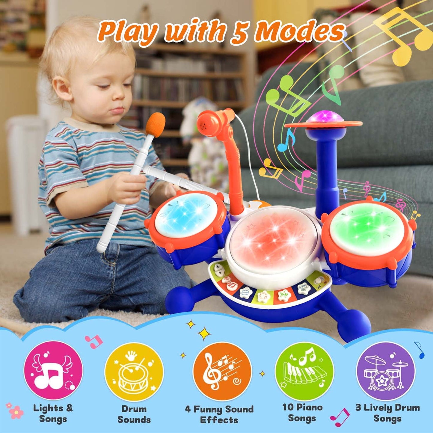 BEEPRINCESS Kids Drum Set for Toddlers 1-3, Baby Drum Kit Musical Toys with Microphone and Light Piano Keyboard, Early Learning Instruments Toys for Kids Toddlers Boys Girls