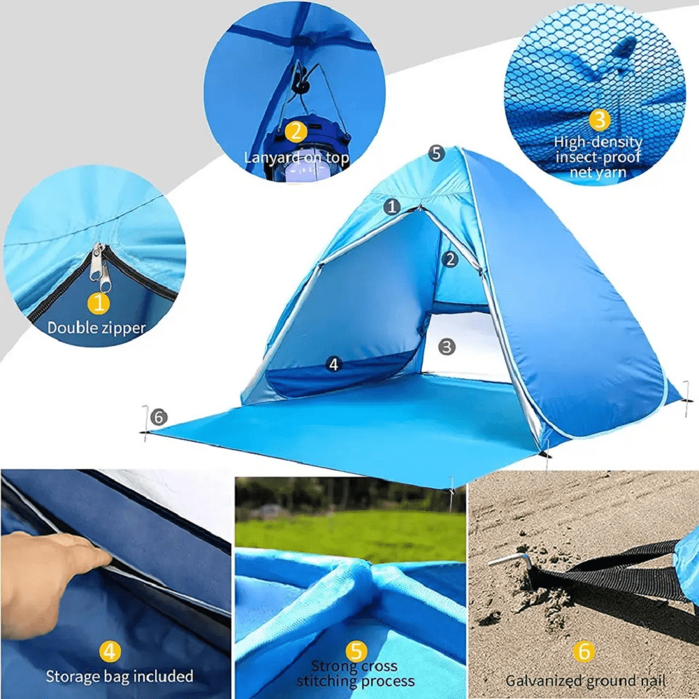 BEEPRINCESS Beach Tent, Anti-UV Pop Up Sun Shelter Beach Tent With Carry Bag for 2-3 Person, Lightweight & Easy Setup Beach Tent, Blue