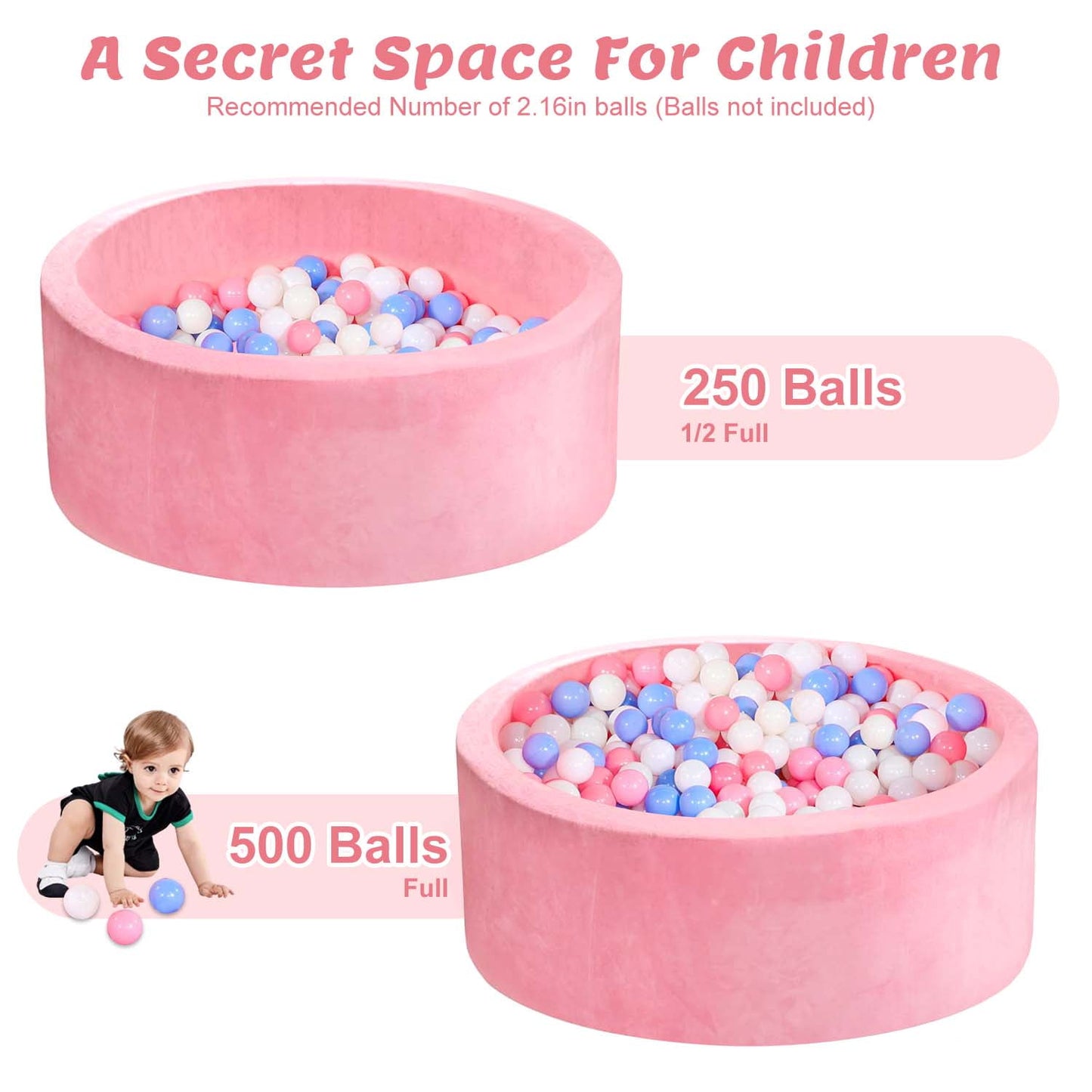 BEEPRINCESS Foam Ball Pit - Soft Play for Baby Infants and Toddlers Ages 1-3, Round Shape, No Balls Included, Pink