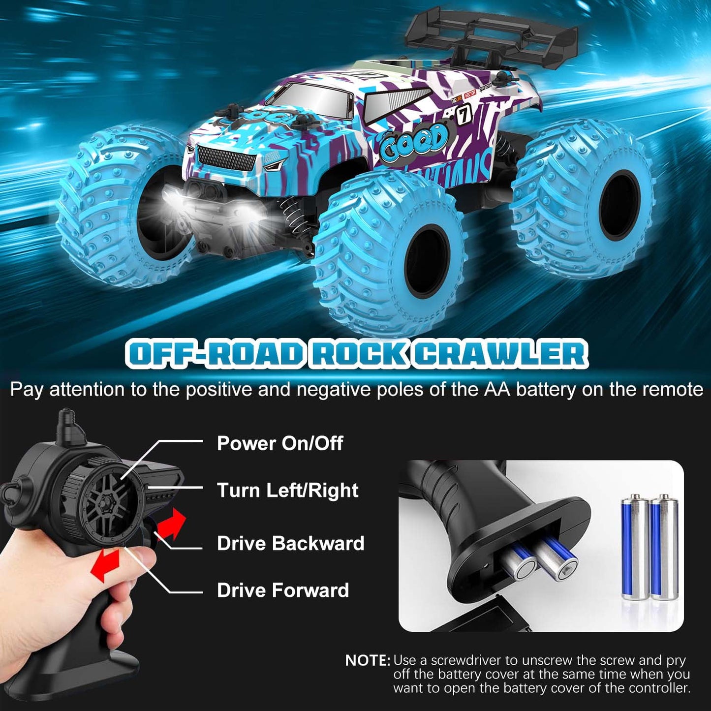 BEEPRINCESS Remote Control Car, 1:18 Scale All Terrain RC Cars, 2WD 20Km/h with Colorful LED Light and 2 Rechargeable Batteries, RC Monster Truck Off-road Racing Car Toys for Kids and Boys, Blue