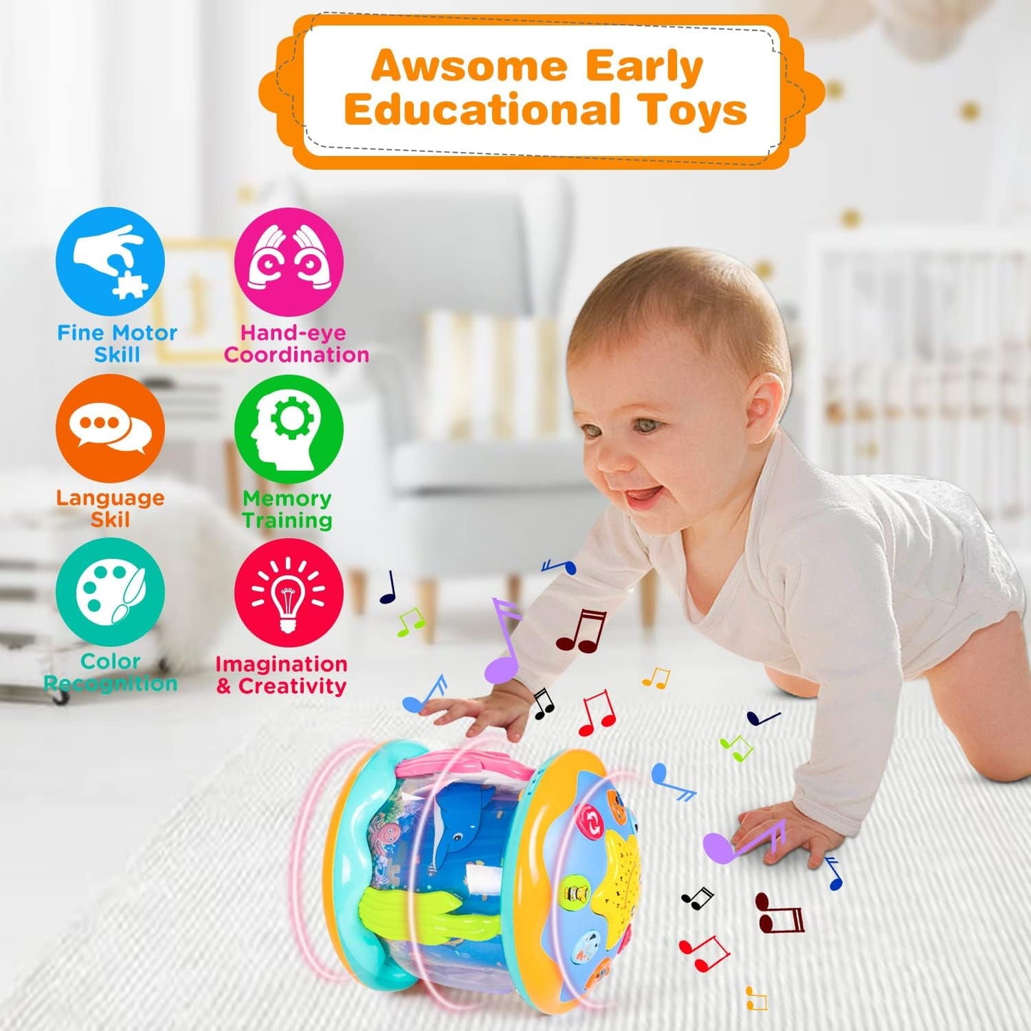 BEEPRINCESS Musical Learning Toys for 6-12 Months, 4-in-1 Ocean Rotating Star Light Projector, Sensory Crawling Toys for Infants, Babies, and Toddlers