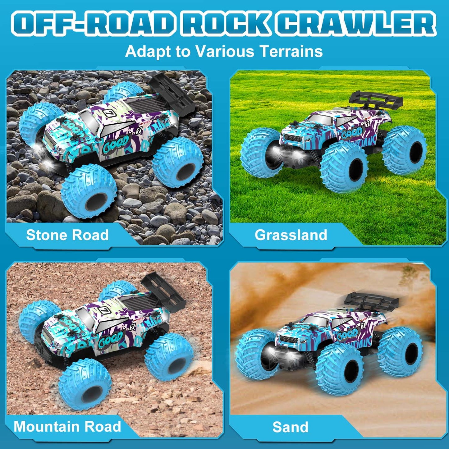 BEEPRINCESS Remote Control Car, 1:18 Scale All Terrain RC Cars, 2WD 20Km/h with Colorful LED Light and 2 Rechargeable Batteries, RC Monster Truck Off-road Racing Car Toys for Kids and Boys, Blue