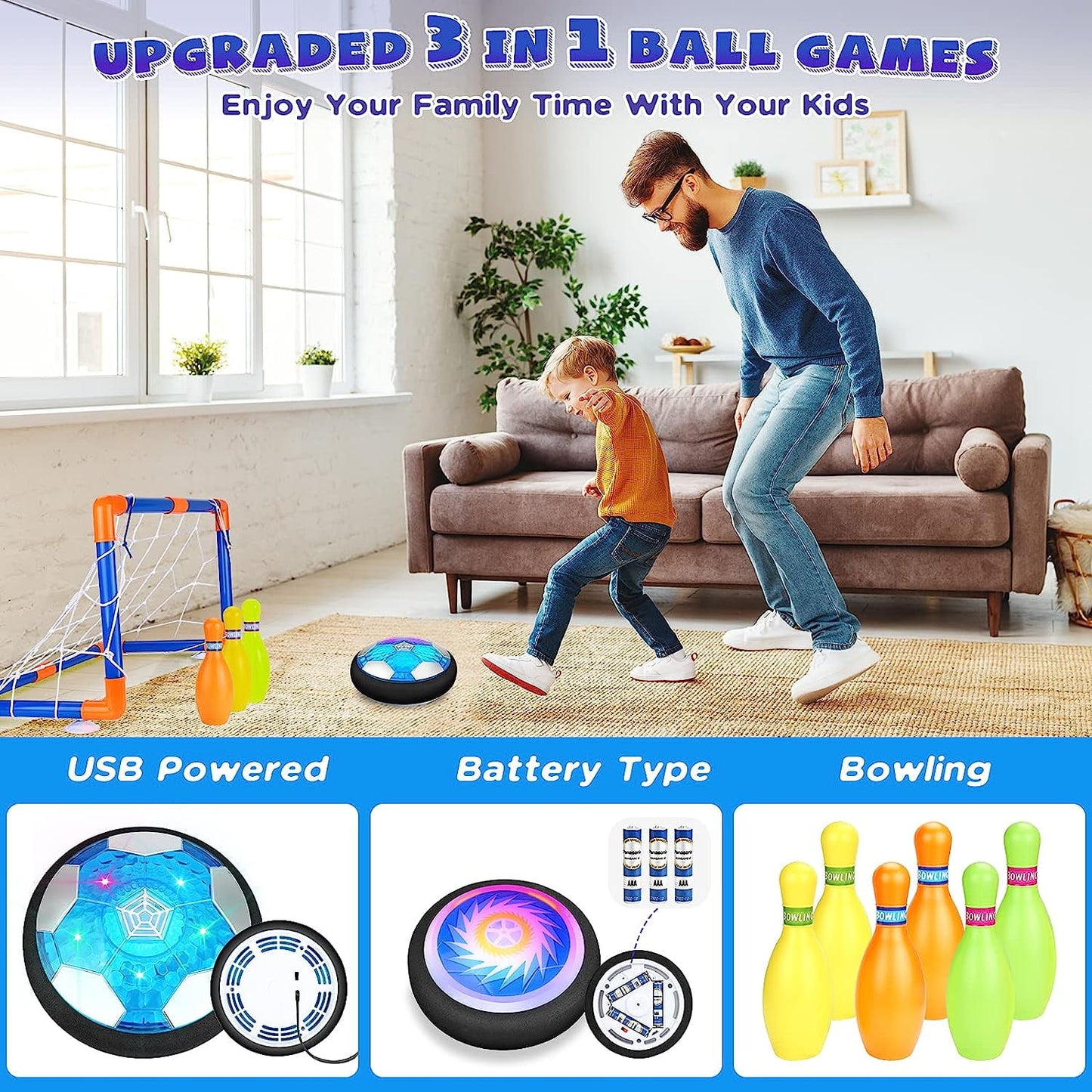 BEEPRINCESS Hover Soccer Ball, 4-in-1 Hover Hockey Ball Bowling Set for Kids, Indoor and Outdoor Sports Games Toys for Kids Ages 3-12, Rechargeable LED Soccer Games Toys for 3-12 Year Old Boys