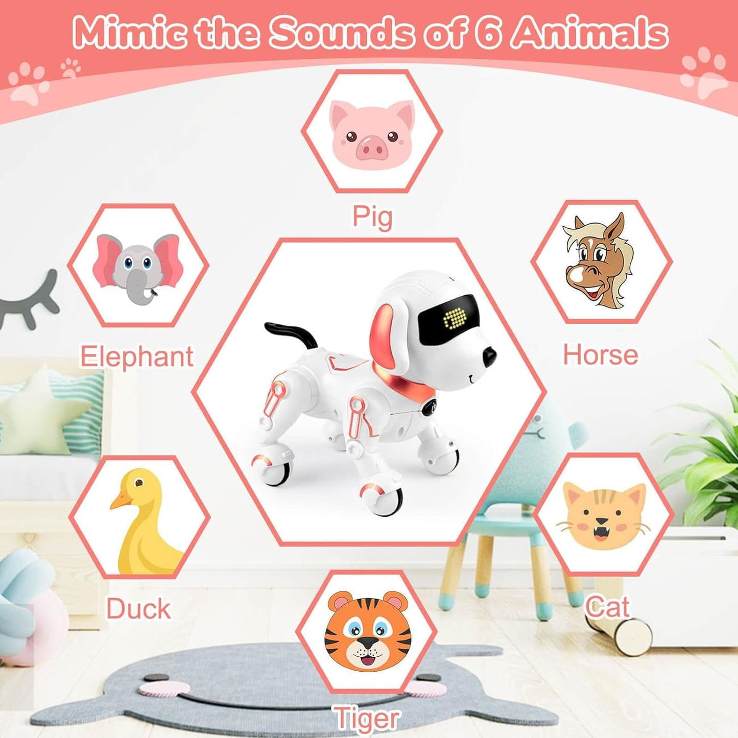 BEEPRINCESS Robot Dog, Smart Programmable RC Electronic Pet Puppy with Early Education Function, White/Pink