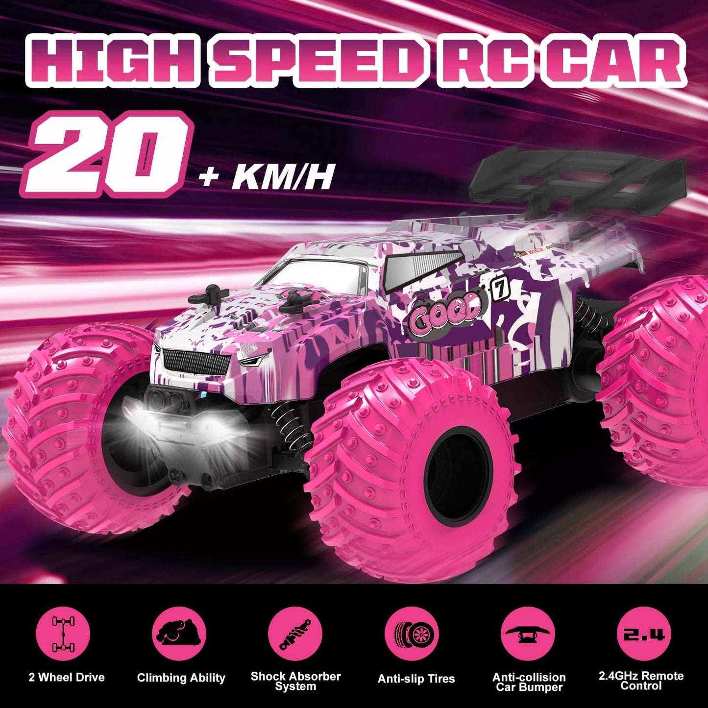 BEEPRINCESS Remote Control Car, 1:18 Scale All Terrain RC Cars, 2WD 20Km/h with Colorful LED Light and 2 Rechargeable Batteries, RC Monster Truck Off-road Racing Car Toys for Kids and Boys, Pink