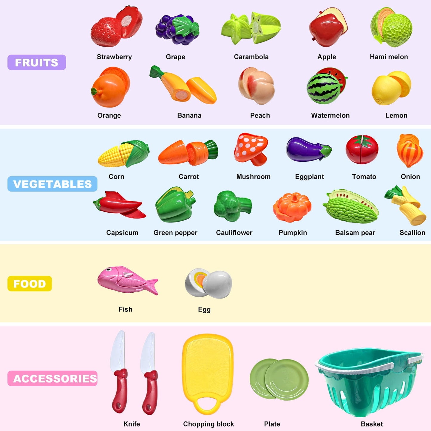 BeePrincess 30pcs Cutting Play Food Set Toy for Kids Kitchen, Pretend Food Toy for Toddlers Age 1-3, BPA-Free Cutting Play Fake Food/Vegetable/Fruits Play Kitchen Toys Accessories with Storage Basket