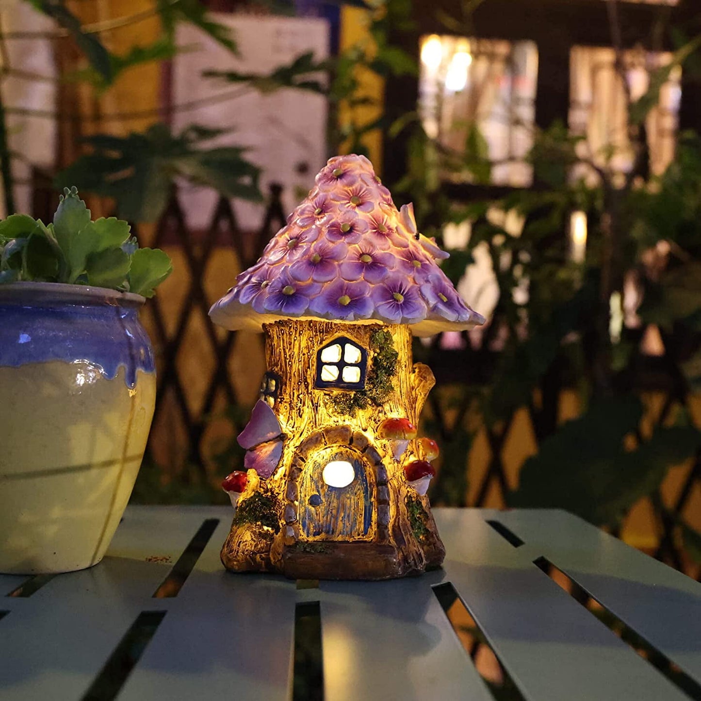 BEEPRINCESS Fairy Garden House, Outdoor Fairies Houses, Solar Power Statues Garden Decor, Miniature Light up Figurines Treehouse Lawn Ornaments Yard Decoration Gift Ideas