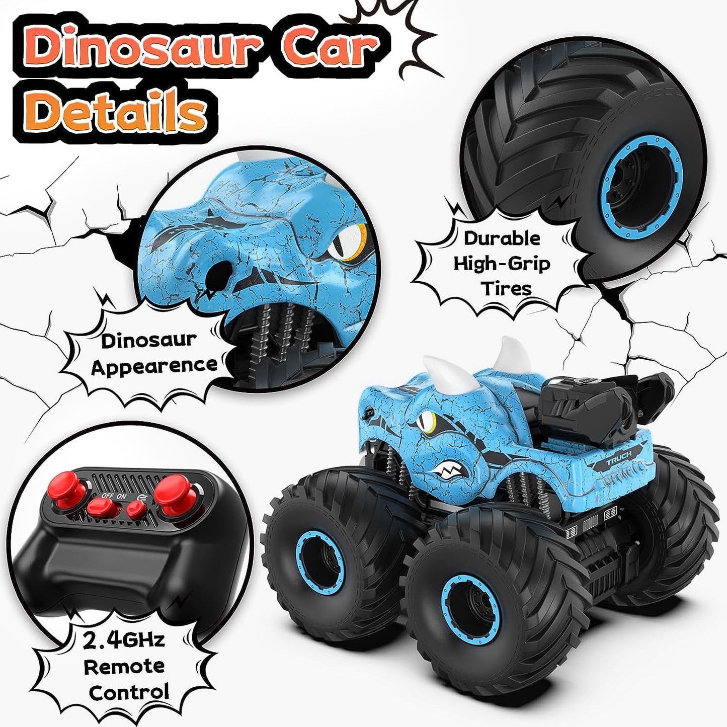 BEEPRINCESS Remote Control Car, 2.4GHz Monster Trucks for Boys Girls with Light, Sound & Spray, Dinosaur Toys Gift for Kids 3 4 5 6 7 8, All Terrain RC Cars for Toddlers with 2 Batteries, Blue