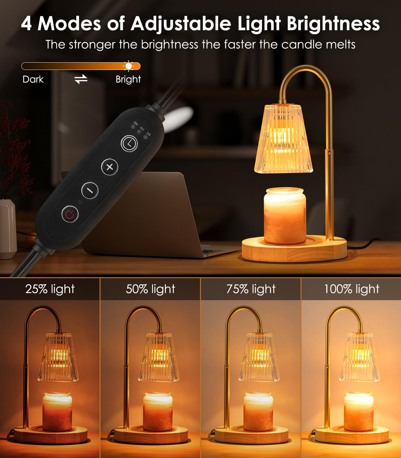 Candle Warmer Lamp with Timer, Dimmable, Adjustable Height - Electric Top Down Melting for All Jar Candles - Home Decor Wax Melter Light in Amber (Includes 2 Halogen Bulbs)