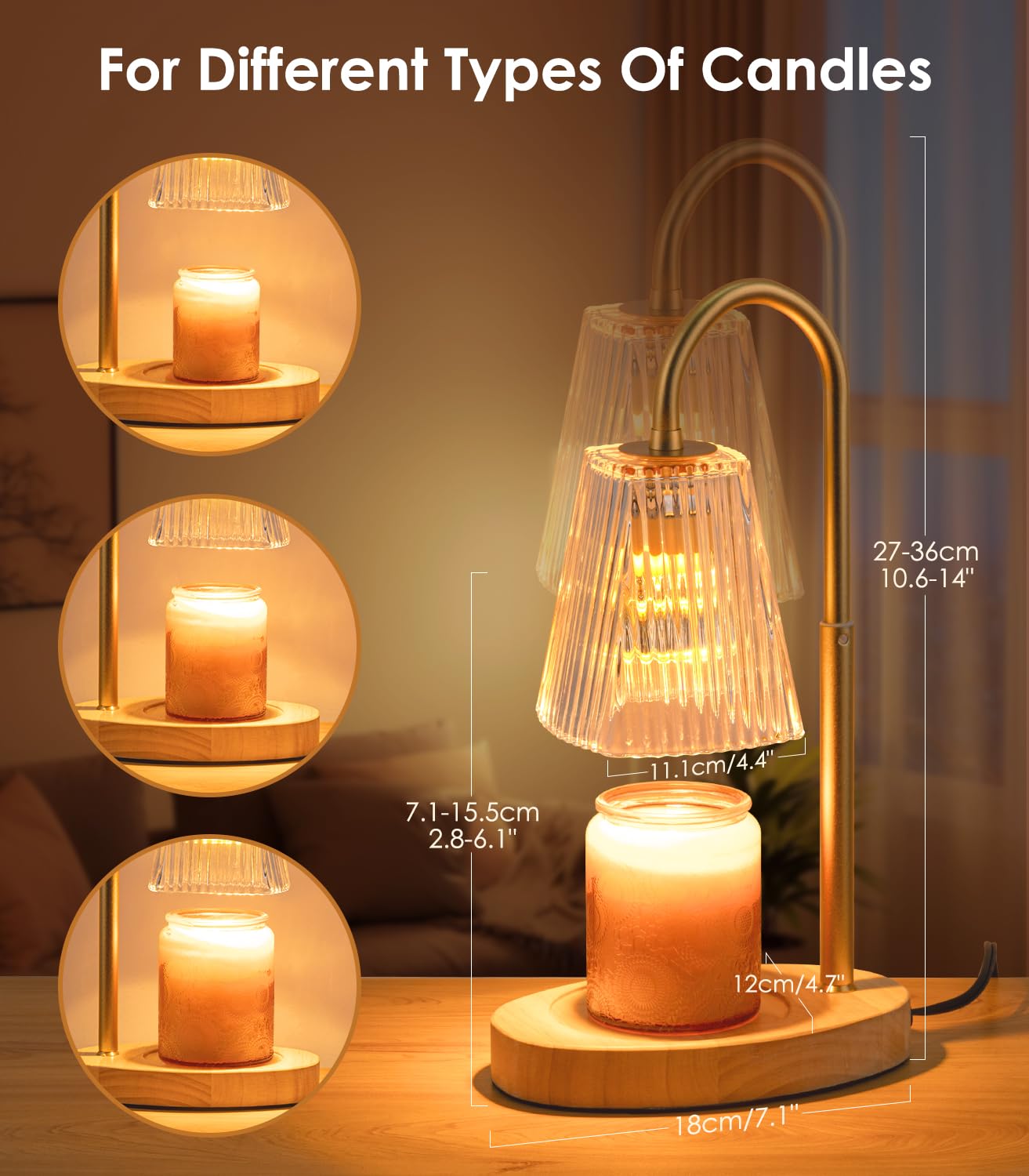 Candle Warmer Lamp with Timer, Dimmable, Adjustable Height - Electric Top Down Melting for All Jar Candles - Home Decor Wax Melter Light in Amber (Includes 2 Halogen Bulbs)