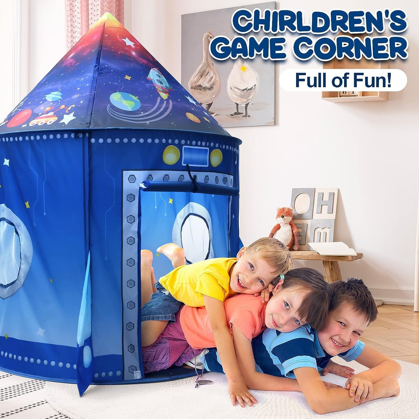 BeePrincess Rocket Ship Kids Play Tent, Astronaut Spaceship Space Themed Pop up Play Tent, Pretend Playhouse Indoor Outdoor Game Party Children, Birthday Gift Playhouse Toy for Boys Girls Toddler