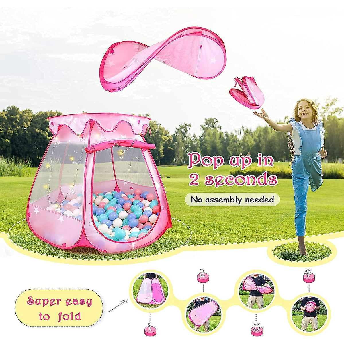BEEPRINCESS Princess Playhouse Tent for Toddlers and Girls, Indoor & Outdoor Pop Up Play Tent for Kids, Foldable Ball Pit with Carrying Bag, Kids Playhouse Play Tent for 1 2 3 Years Old Birthday Gift
