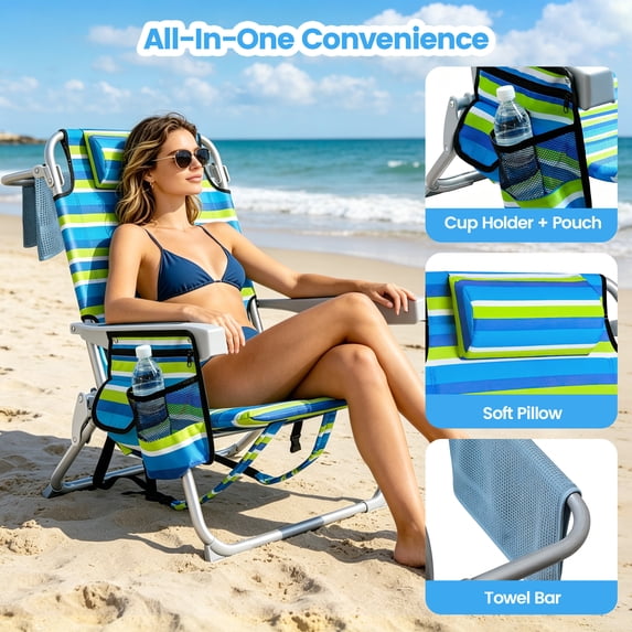 ELFWOLF Backpack Beach Chair for Adults, Lightweight Portable Folding Sand Chair, Double-Layer Oxford Fabric Supports up to 350 LBS, Blue & Green Stripe