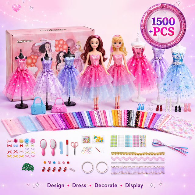BEEPRINCESS 1500+ Pcs Fashion Designer Kit for Girls, DIY Doll Clothes Making Sewing Kit with 2 Dolls, 6 Mannequins, 60 Fabrics, Templates, Ribbons, Shoes & Bags, Arts and Crafts Toy Gift for Ages 6+