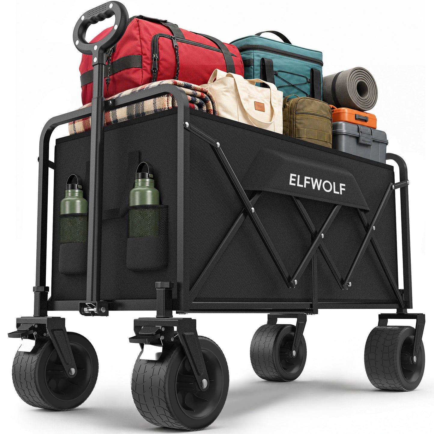 ELFWOLF Heavy Duty Folding Wagon Cart, 330 lb Load Capacity, All-Terrain Wheels, Portable Collapsible Wagon for Camping, Gardening, Sports, Shopping & Grocery Transport