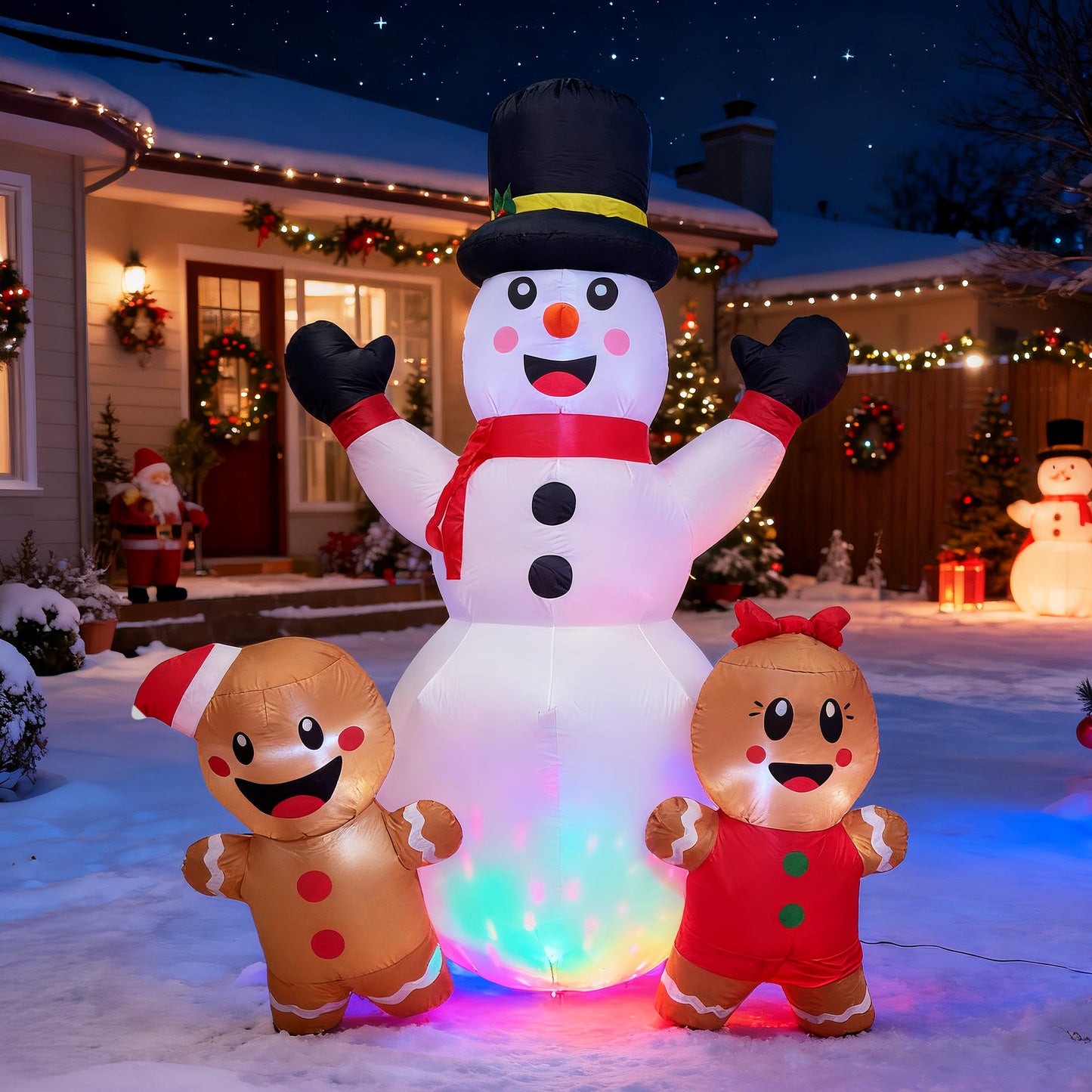 BeePrincess 7FT Christmas Inflatable Snowman & Gingerbread Men Set - Outdoor LED Decor with Adorable Trio for Yard, Garden Winter Decorations