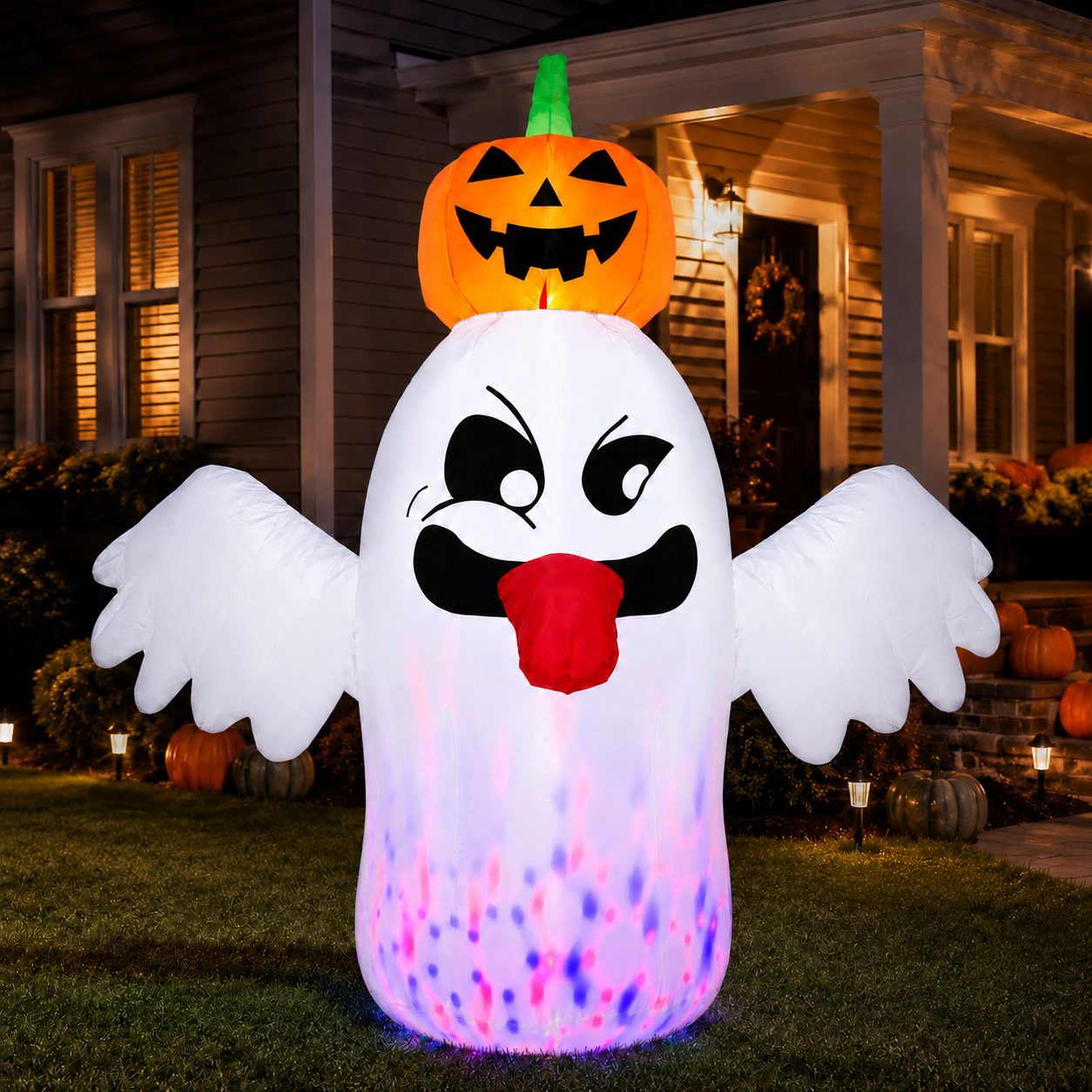 BEEPRINCESS 6FT Halloween Inflatable Ghost with Pumpkin Head, Light-Up Blow Up Outdoor Yard Decoration with White and RGB LED Lights