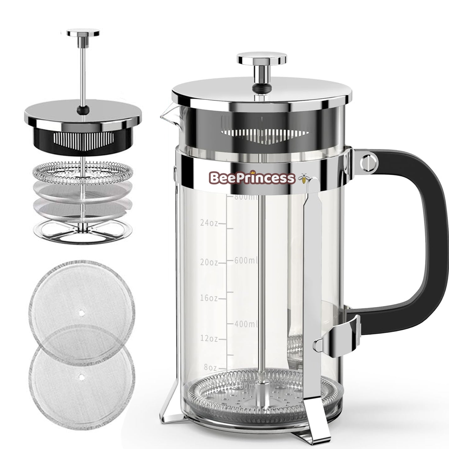 BeePrincess 34 oz Coffee French Presses, Includes 4 Filters, Stainless Steel, Silver