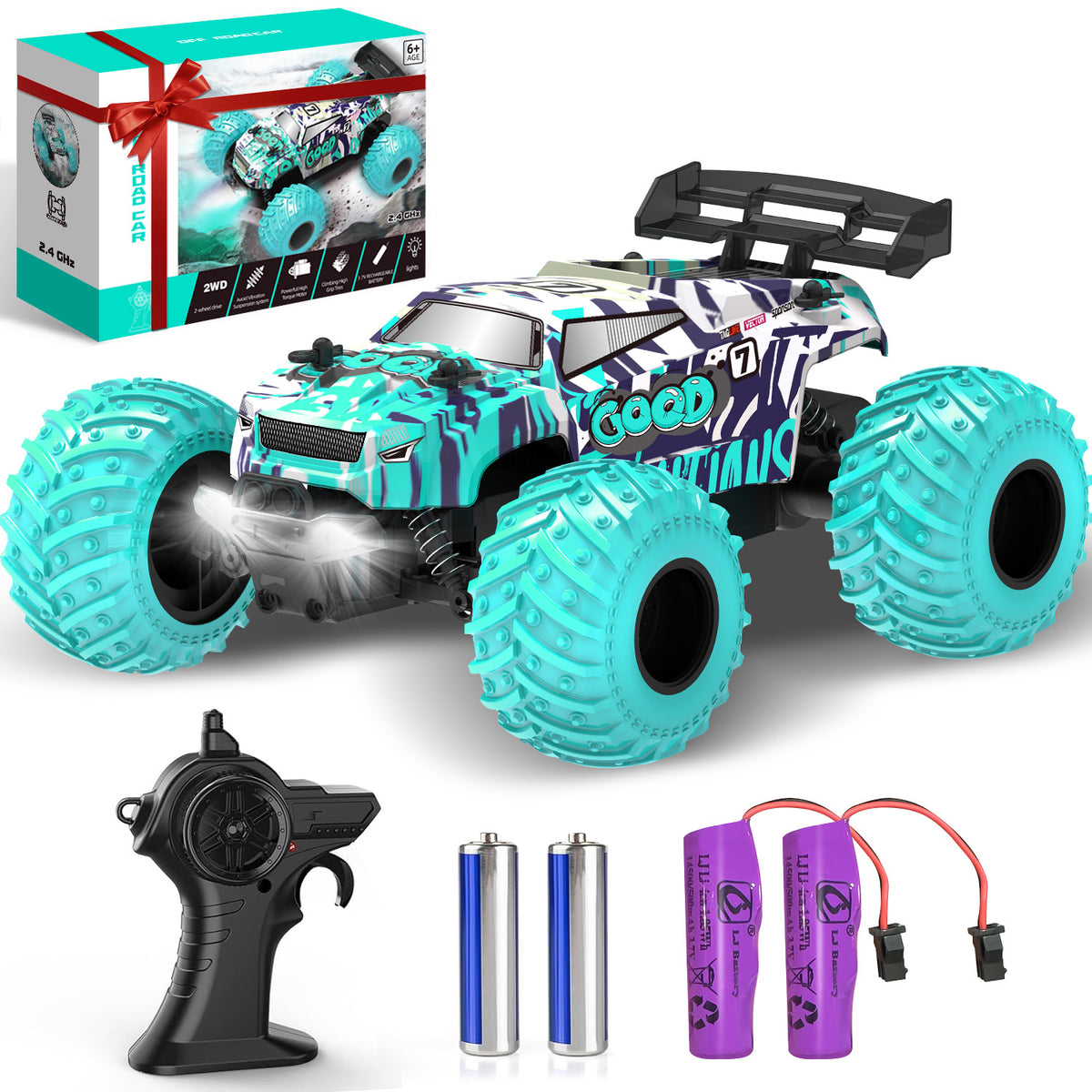BEEPRINCESS Remote Control Car, 1:18 Scale All Terrain RC Cars, 2WD 20Km/h with Colorful LED Light and 2 Rechargeable Batteries, RC Monster Truck Off-road Racing Car Toys for Kids and Boys, Blue