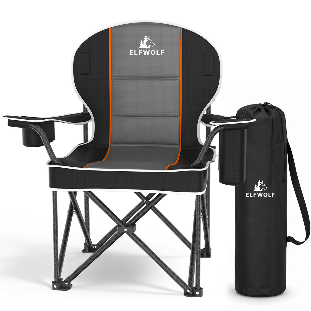 ELFWOLF Oversized Padded Camping Chair, 450 lb Heavy Duty Folding Camp Chair for Adults with Cooler Bag, Cup Holder, Rear Mesh Pocket and Carry Bag, Black/Dark Gray