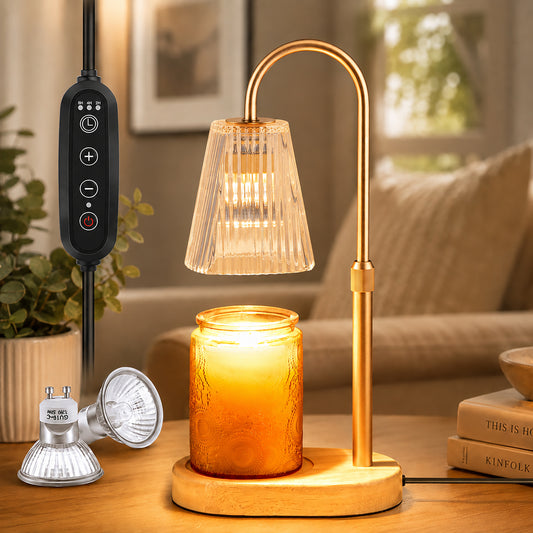 Candle Warmer Lamp with Timer, Dimmable, Adjustable Height - Electric Top Down Melting for All Jar Candles - Home Decor Wax Melter Light in Amber (Includes 2 Halogen Bulbs)