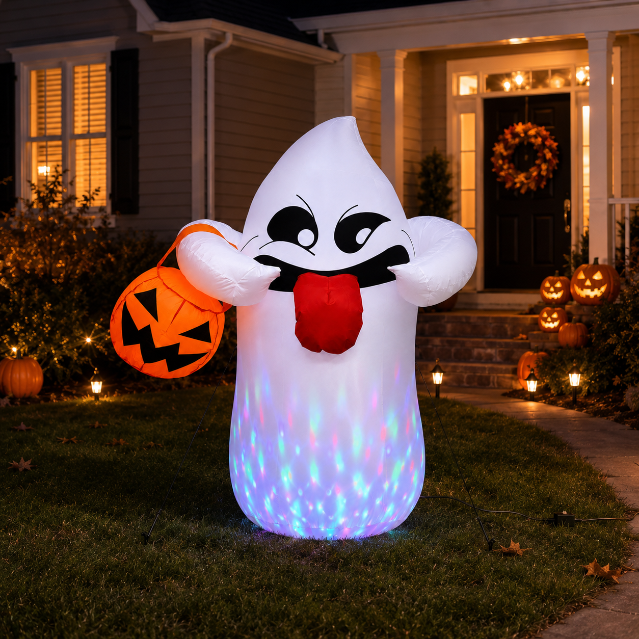 BEEPRINCESS 5FT Halloween Inflatable Ghost Holding Pumpkin Lantern, Light-Up Blow Up Outdoor Yard Decoration with RGB LED Lights