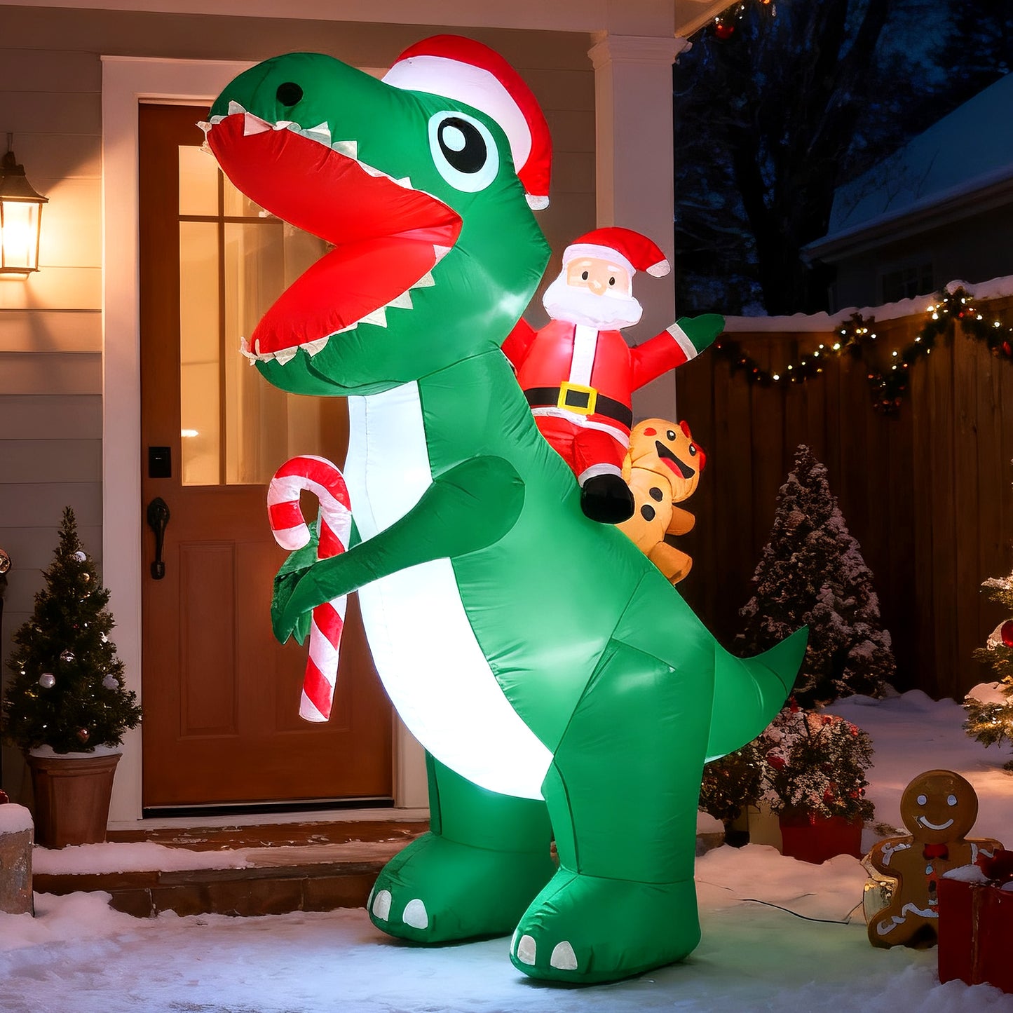 BeePrincess 7FT LED Santa Riding Dinosaur Christmas Inflatable - Outdoor Blow-Up Yard Decoration with Sandbags, Stakes & Strings for Garden, Lawn, Holiday Decor