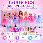 BEEPRINCESS 1500+ Pcs Fashion Designer Kit for Girls, DIY Doll Clothes Making Sewing Kit with 2 Dolls, 6 Mannequins, 60 Fabrics, Templates, Ribbons, Shoes & Bags, Arts and Crafts Toy Gift for Ages 6+