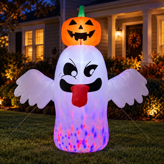 BEEPRINCESS 6FT Halloween Inflatable Ghost with Pumpkin Head, Light-Up Blow Up Outdoor Yard Decoration with White and RGB LED Lights