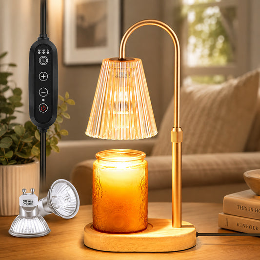 Candle Warmer Lamp with Timer, Dimmable, Adjustable Height - Electric Top Down Melting for All Jar Candles - Home Decor Wax Melter Light in Amber (Includes 2 Halogen Bulbs)