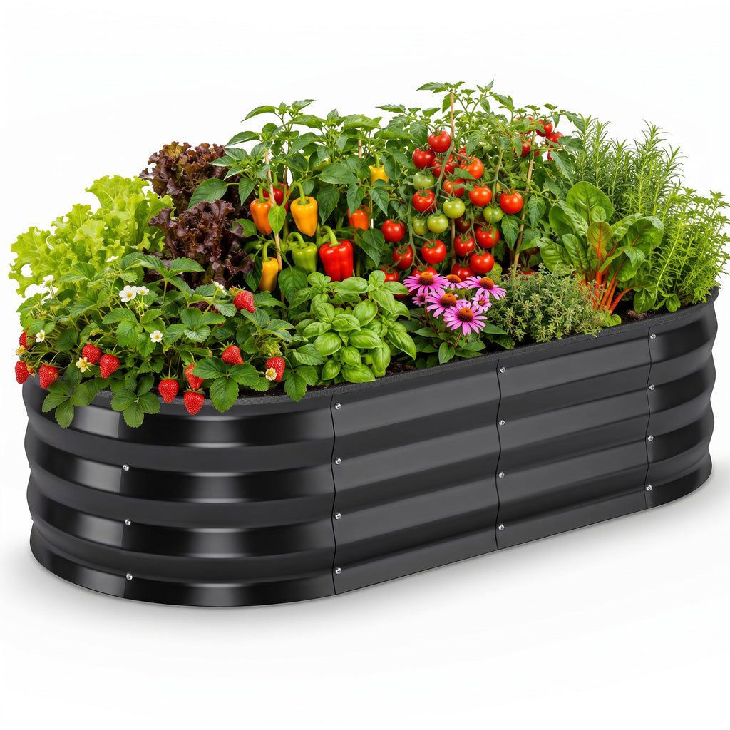 ELFWOLF Galvanized Raised Garden Bed, 4 x 2 x 1 FT Outdoor Metal Planter Box with Open Base for Vegetables, Flowers & Herbs, Black